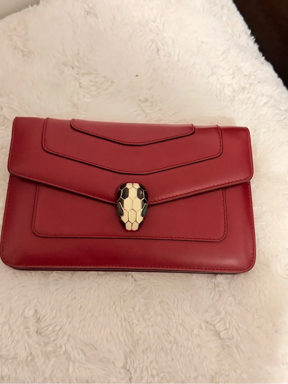Red Leather Shoulder Bag with Serpentine Clasp